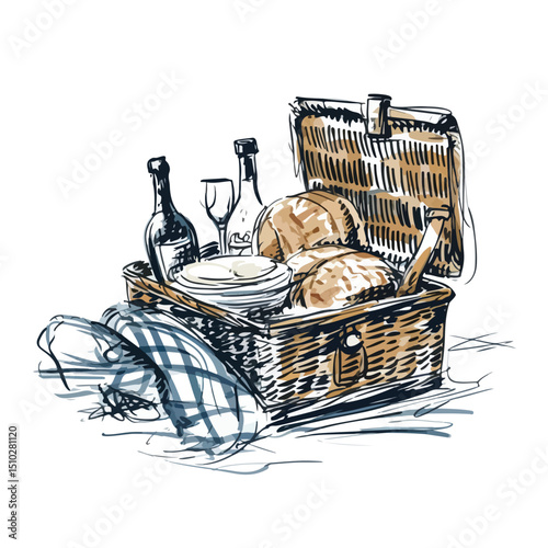 Detailed Open Picnic Basket Scribble Vector Illustration for Picnic Supplies Promotion