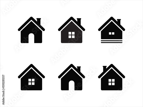 Collection of simple black and white house icons with various window and chimney designs isolated on white background