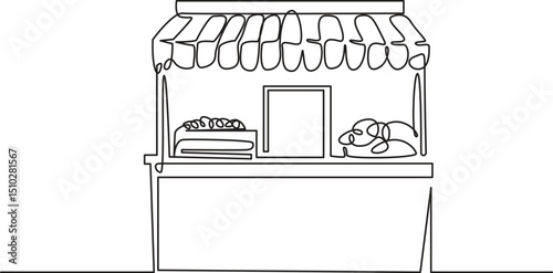 Local market stall. Food and farmers produk in street market stall in continuous one line drawing. Editable Stroke.