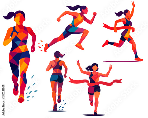 Marathon runner female silhouettes set. Running girl in back, side, front view. Winner runner crossing fishing line, gesture of victory