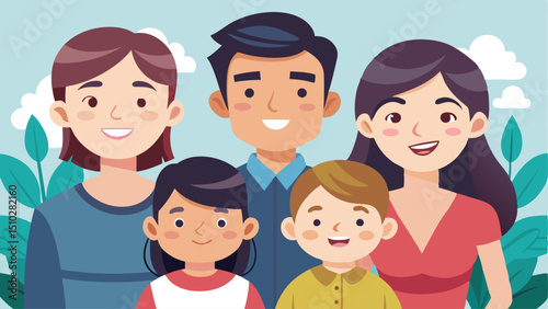 Cartoon illustration of happy family with two parents and children against a light blue background