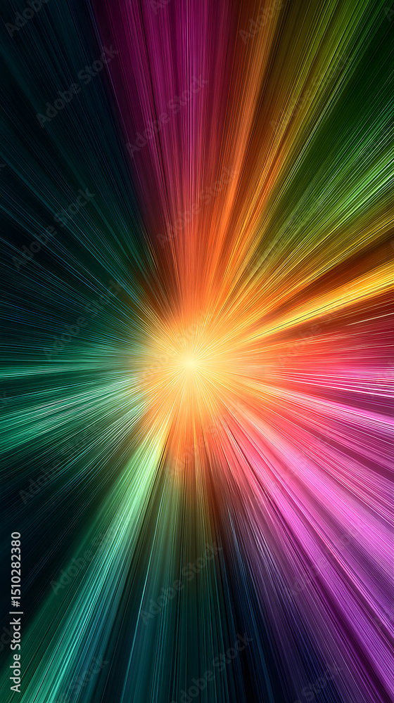 Fototapeta premium Radiant Burst of Color: A vibrant explosion of color, originating from a central point and radiating outwards in a dynamic display of energy, illuminating the scene.