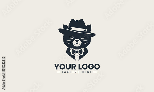 Minimalist black cat with a fashionable fedora hat as stylish silhouette logo design