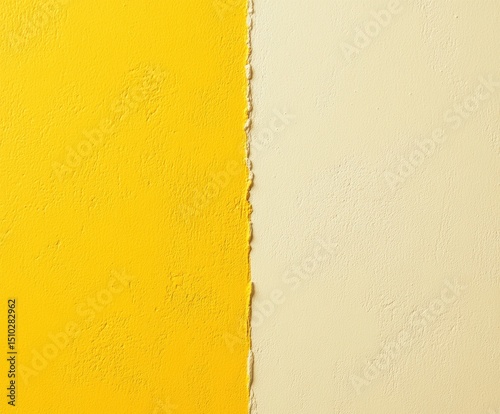 Dual-Toned Wall: An abstract close-up reveals a textured surface with the distinct juxtaposition of yellow and cream hues. The division presents a simple yet striking interplay of color. photo