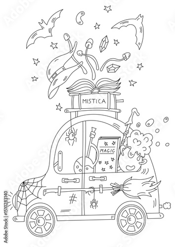 Coloring Book For Stress Relief For Adults And Kids And Witch Machine With Magical Attributes