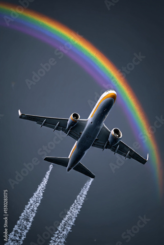 A rainbow in the sky, a plane flies across it