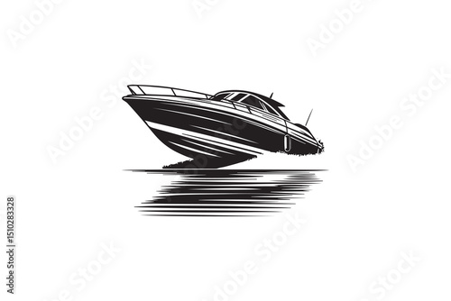 A black-and-white speed boat  against a white background in a straightforward and inconspicuous vector silhouette