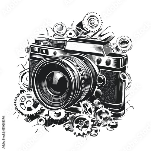 Professional Black and White Image of Photographic Camera and Gears for Photography Enthusiasts