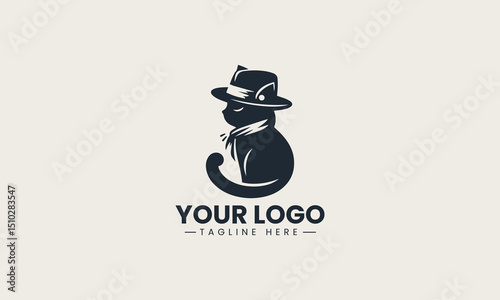 Elegant black silhouette of a fancy cat wearing a stylish fedora hat vector logo design