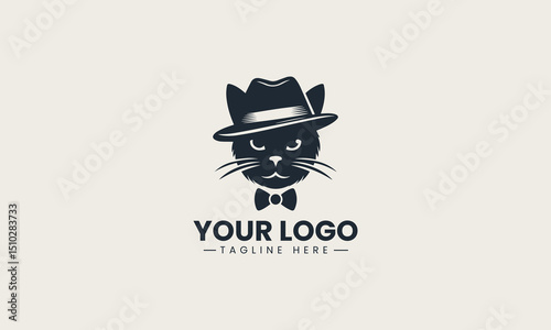 Elegant black silhouette of a fancy cat wearing a stylish fedora hat vector logo design