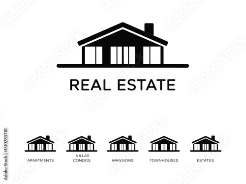 Minimalist black and white real estate design featuring various housing types and property concepts