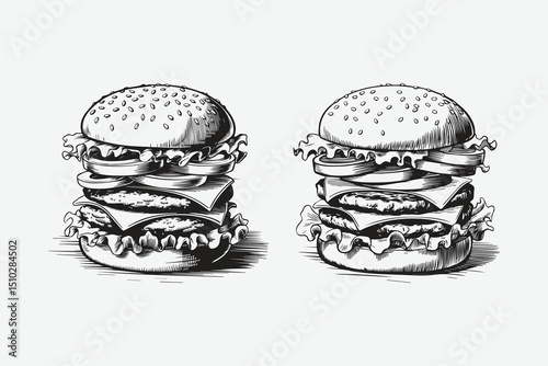 big burger, hamburger hand drawn vector illustration sketch retro style