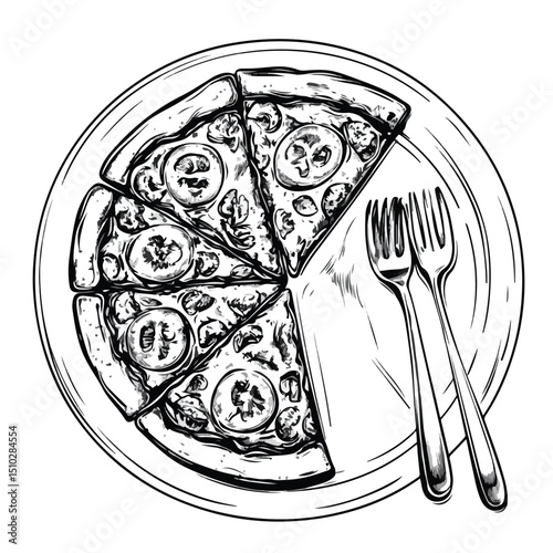 Elegant Black and White Vector Illustration of Pizza on Dish with Cutlery