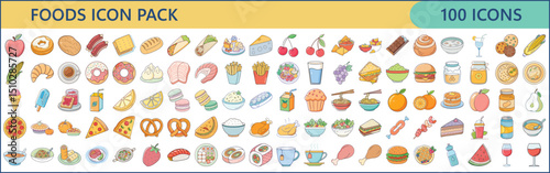 Food icon pack showcasing 100 assorted vector drawings of various edibles