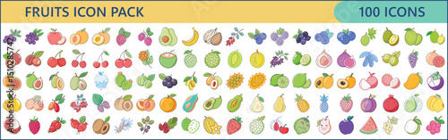 Extensive Fruits Icon Collection Showcasing Variety and Freshness of Healthy Foods