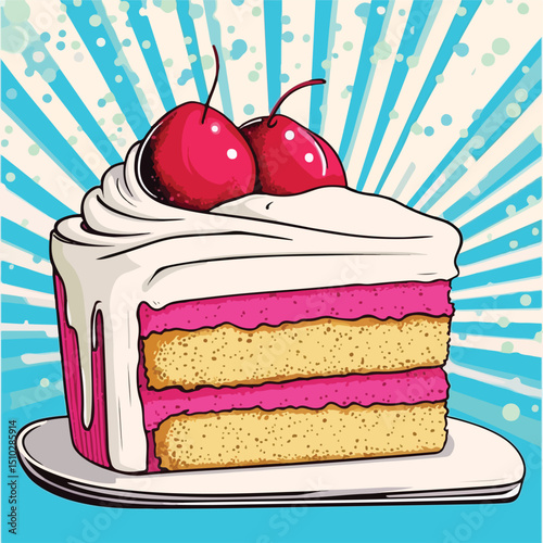 Colorful Pop Art Style Poster Featuring Delicious Sweet Cake Portions Vector Illustration