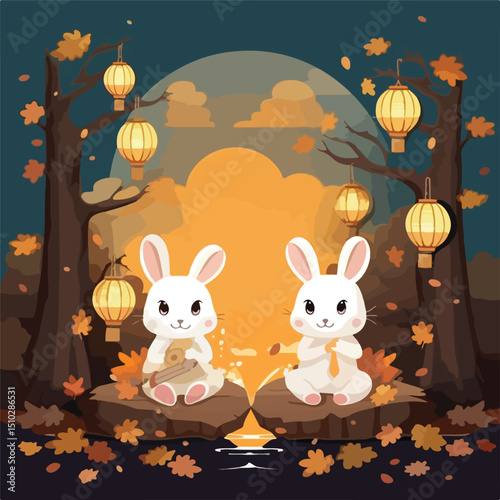 Cute Smiling Rabbits Sitting in Mid Autumn Festival Decorations