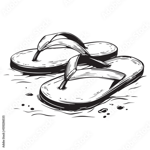 Pair of Flip Flops on Sand Summer Footwear in Black and White Silhouette