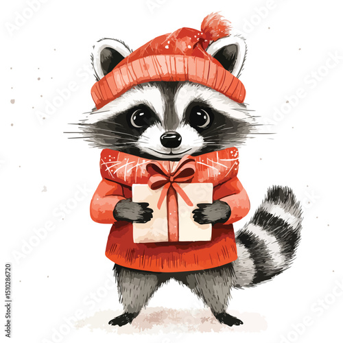 Cute Raccoon in Winter Attire Holding Gift Vector Illustration