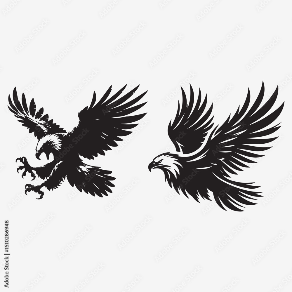 Obraz premium Two eagles in flight depicted as black silhouettes with wings spread against white background