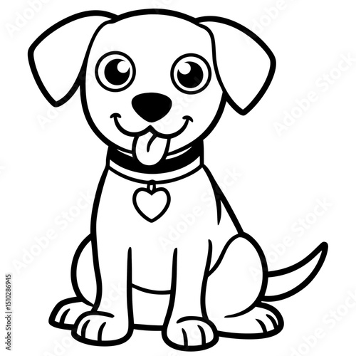 Cheerful Pup Outlines: Adorable dog illustration line art, cartoon puppy wearing collar with heart shape pendant sticking its tongue