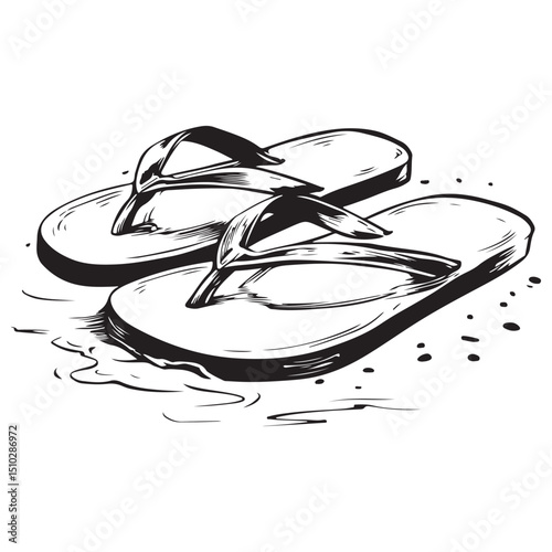Pair of Flip Flops on Sand Summer Footwear in Black and White Silhouette