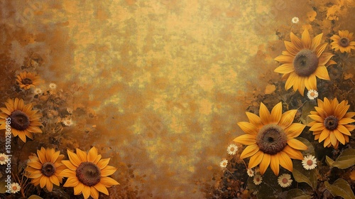 A rustic, floral field with sunflowers and daisies in muted tones of mustard yellow, burnt orange, and soft brown.