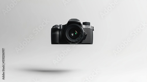 A black digital camera floats against a plain, light gray background.  The camera is in focus, and its lens is slightly angled forward