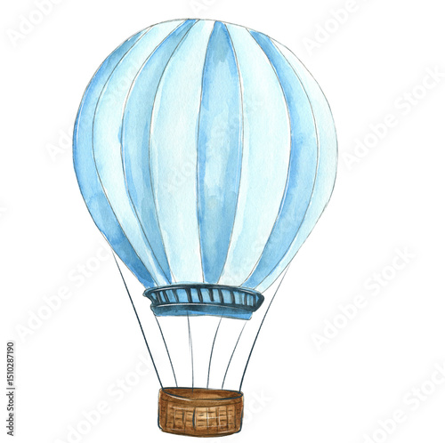 Hand Drawn Watercolor Blue Hot Air Balloon Isolated