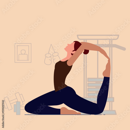 Pigeon Pose Yoga – Woman Stretching in Gym Setting with Fitness Equipment 
