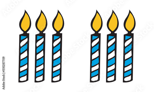 Festive candle pack in various color: red, orange, yellow, green, light blue, lilac, pink, silver. Hand painted water color graphic on white, cutout decorative element for design, card, banner, decor