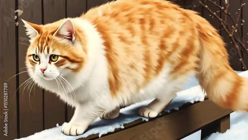 The cat gets up and walks along the snowy branch of the fence in the winter landscape

A chubby orange cat sitting on a snowy fence branch in a winter landscape