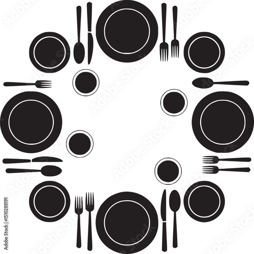 Black and white place setting arrangement in circular table setting design