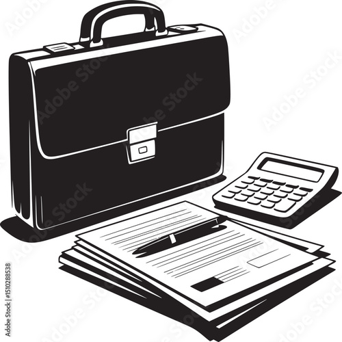 A black and white illustration of a briefcase calculator and documents