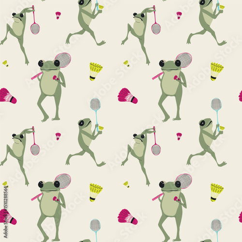 Whimsical seamless pattern of cartoon frogs having fun playing badminton.