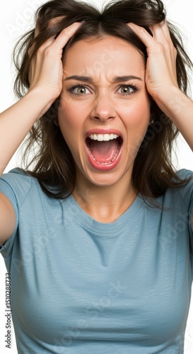 Closeup Portrait of a Young Woman Experiencing Intense Stress and Anxiety, Showing a Grimace of Frustration and Despair