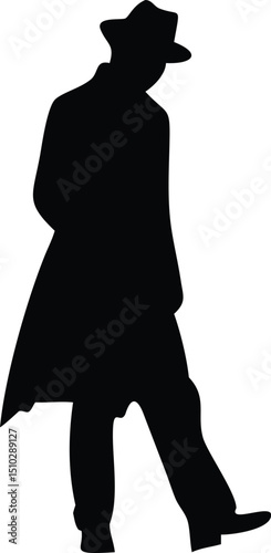 Silhouette of Man in Hat and Trench Coat Walking - Black Vector Art