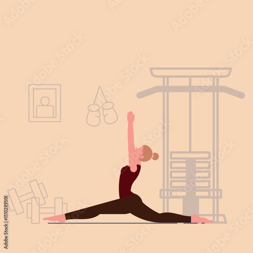 Warrior III Yoga – Woman Balancing on One Leg in Gym Setting with Fitness Equipment