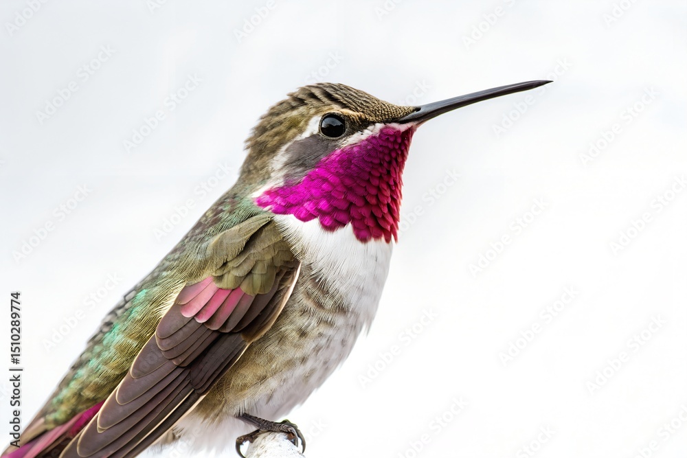 Fototapeta premium Red-billed hummingbird in flight, a small green bird with ruby throat, beak, and wings, captured hovering near a flower