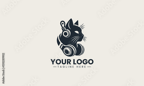 Black cat wearing headphones vector logo design with stylish and modern audio aesthetic