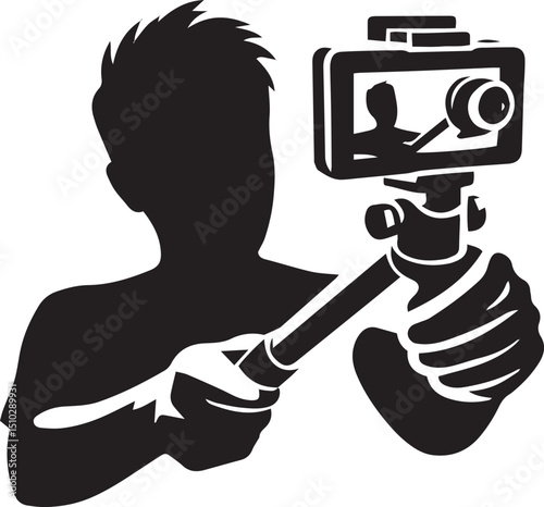 Vlogging and Selfie Silhouette Vector Set – Content Creators, Mobile Selfies, Tripod Recording, and Influencer Poses for Social Media