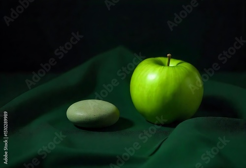 a green apple and a smooth stone on a dark cloth, A still life arrangement of organic Apple  photo