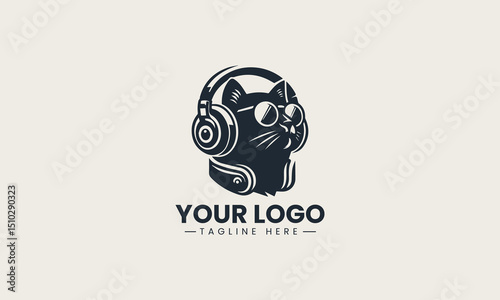 black vector silhouette of a cat with headphones enjoying chill music vibes