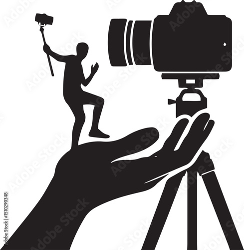 Vlogging and Selfie Silhouette Vector Set – Content Creators, Mobile Selfies, Tripod Recording, and Influencer Poses for Social Media