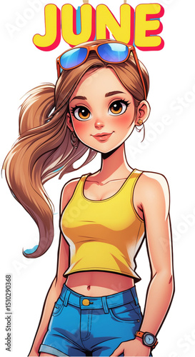 June girl in yellow top and sunglasses, confident and sunny cartoon portrait for summer calendar, vector illustration