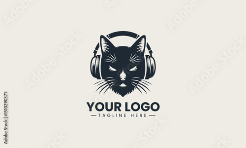 black vector silhouette of a cat with headphones enjoying chill music vibes