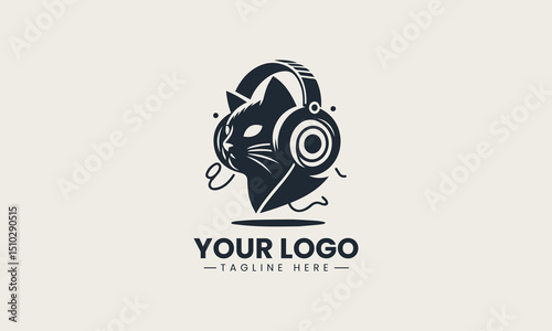black vector silhouette of a cat with headphones enjoying chill music vibes