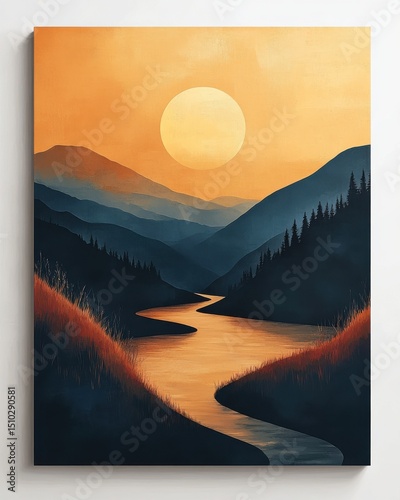 Sunset over winding river in mountain landscape with silhouettes of trees and hills