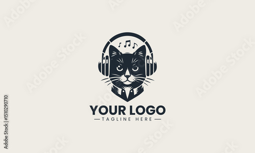 Cool black silhouette of a relaxed cat wearing modern over-ear headphones vector logo design