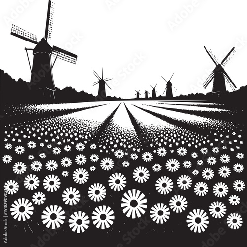 Black and white illustration of windmills in a field of daisies art